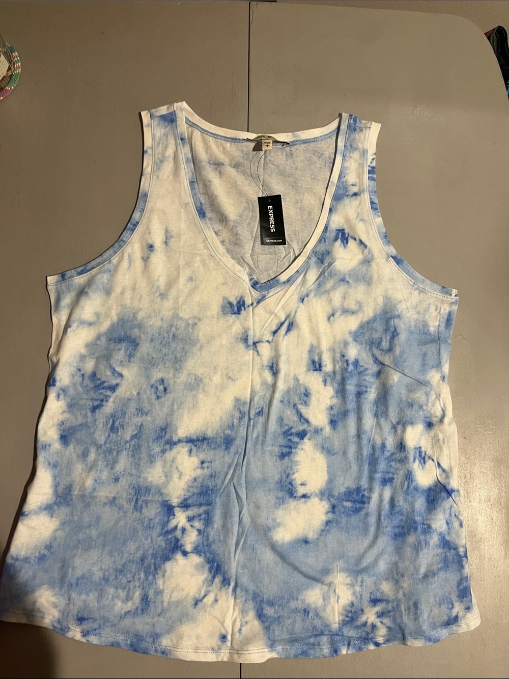 Express Blue & White Tie-Dye V-Neck Tank Top